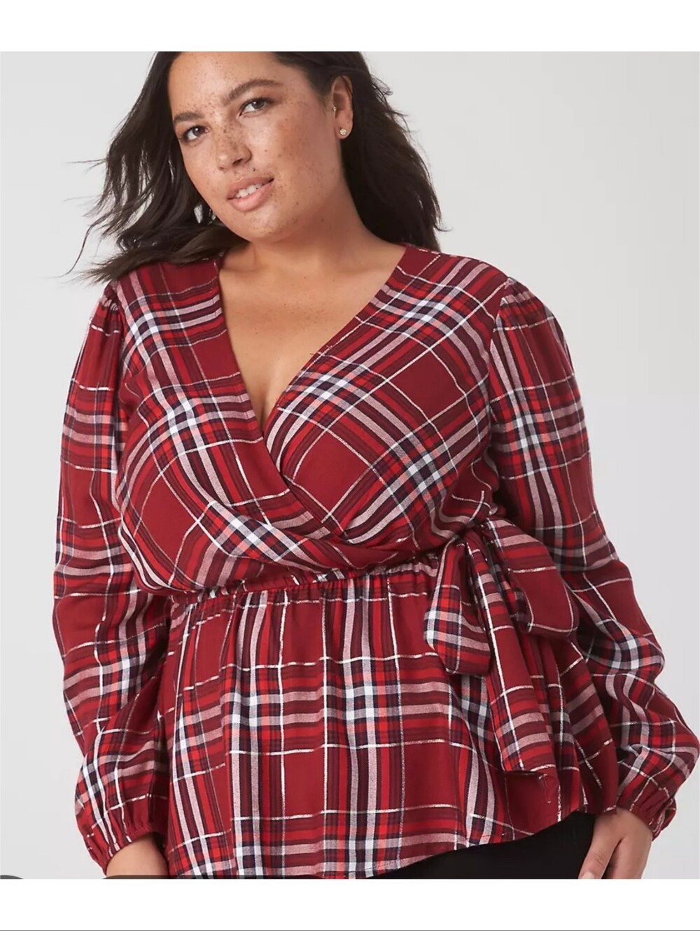 Lane Bryant Classic Surplice-neck Peplum Top Red Plaid Size 20